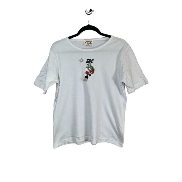 Tia Top Women L White Pullover Sequin Snowman Beaded Santa Holiday Preppy 80s - Picture 1 of 8